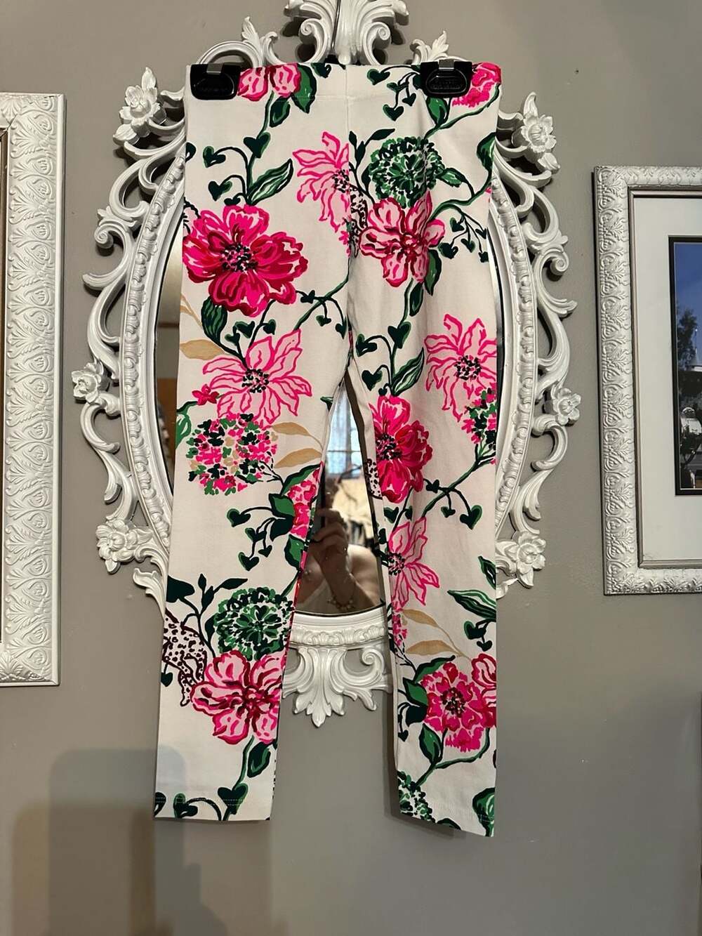 Lilly Pulitzer Leggings GIRLS Size M/6-7 White Floral Pink Green Cotton Spandex